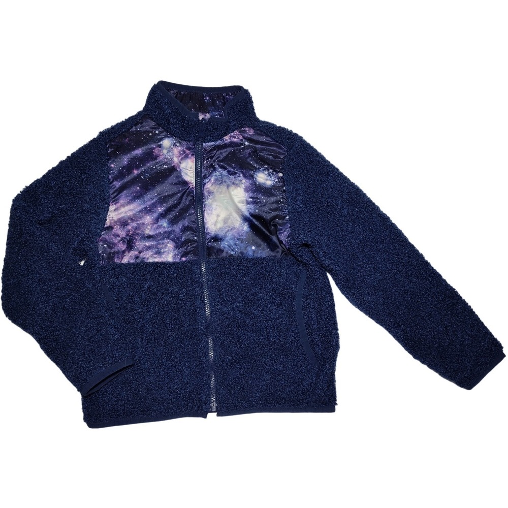 Land's End Reversible Kids 6 7 Navy Blue Space Galaxy‎ Jacket Stars Fuzzy Unisex